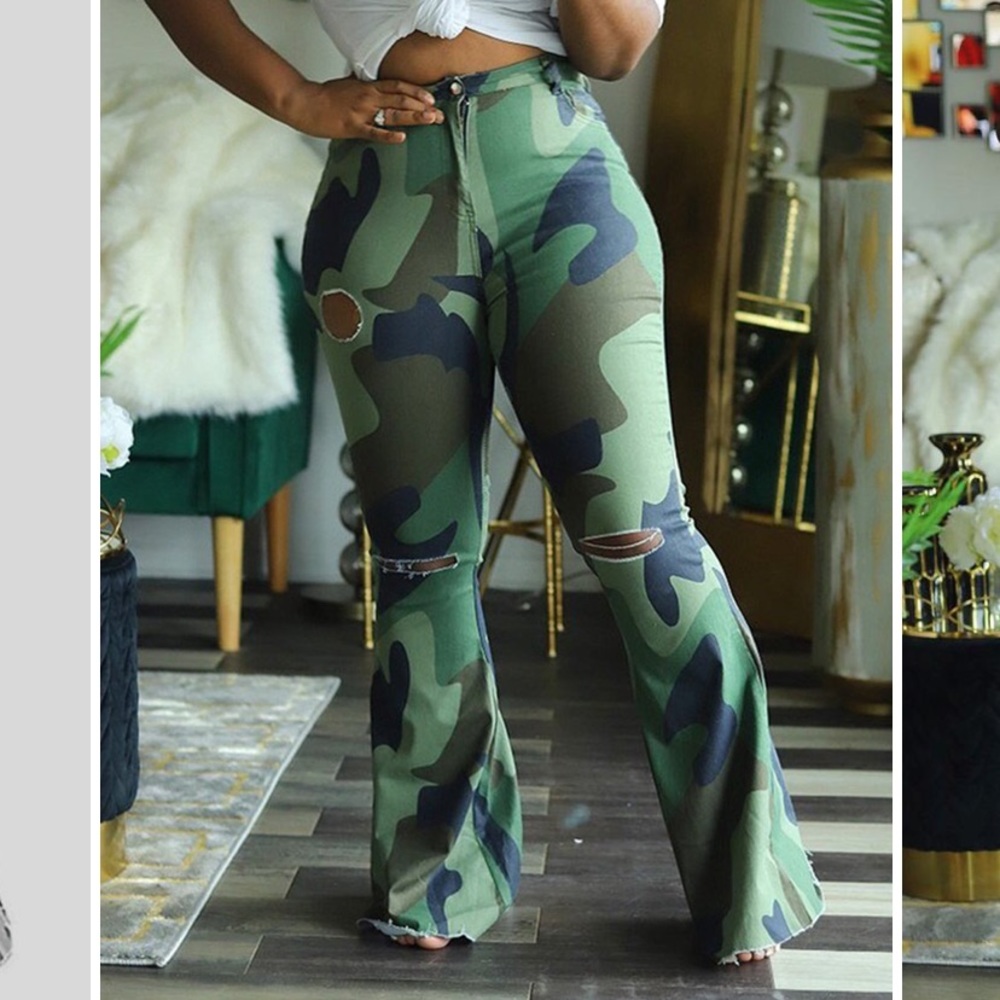 Ladies Casual Camo Print Flared Broken Holes Green